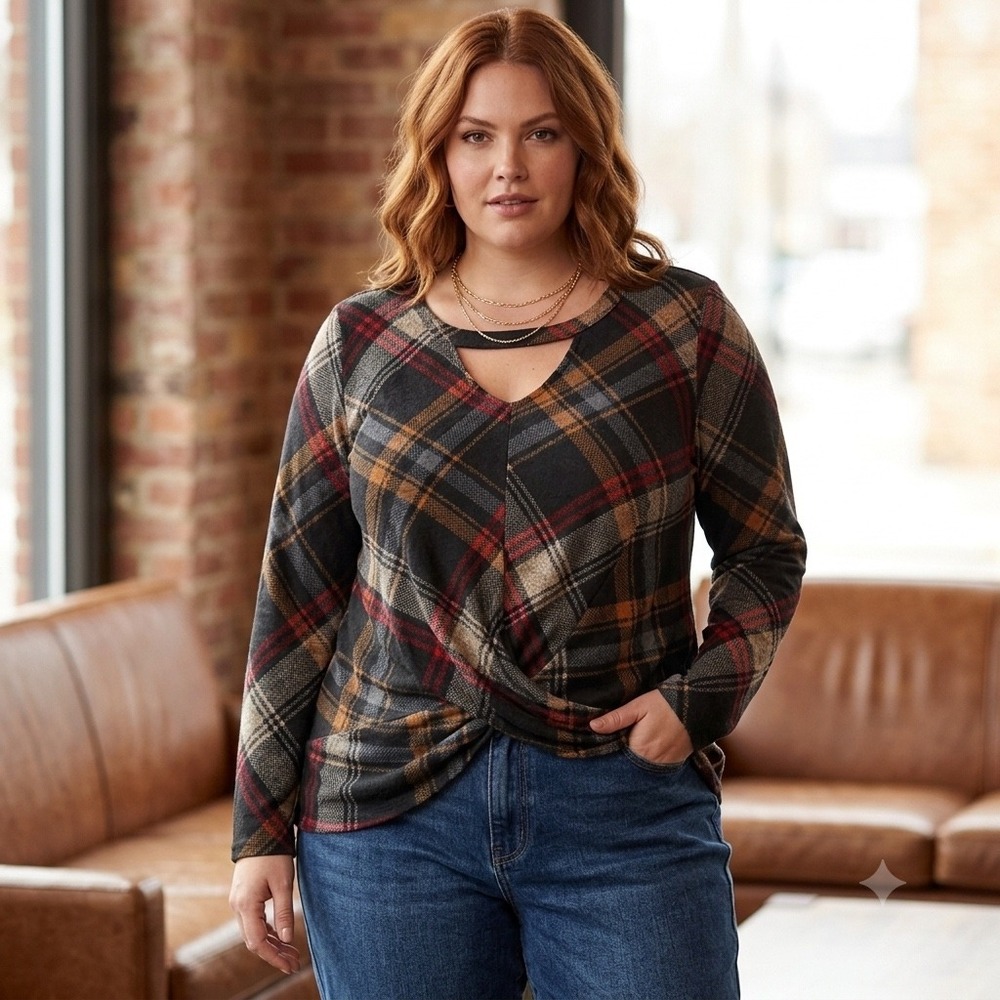 Maurices Top Womens XL Black Red Plaid Twist Front Cutout Neck Long Sleeve Cozy‎